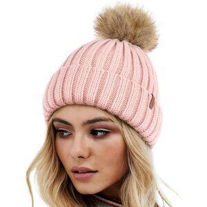Women's Pink Winter Warm Knitted Beanie Faux Fur Pom Knit Skull Style Hat Cap